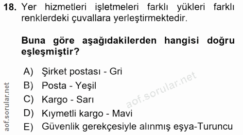 18. soru: Yer hizmetleri işletmeleri farklı yükleri farklı renklerdeki çuvallara yerleştirmektedir. Buna göre aşağıdakilerden h…