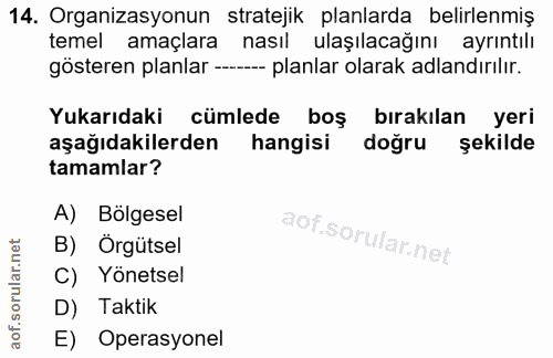 14. soru: Organizasyonun stratejik planlarda belirlenmiş temel amaçlara nasıl ulaşılacağını ayrıntılı gösteren planlar -- planl…