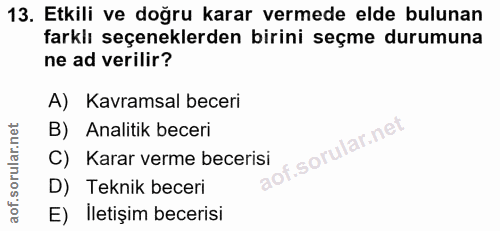 13. soru: Etkili ve doğru karar vermede elde bulunan farklı seçeneklerden birini seçme durumuna ne ad verilir? A) Kavramsal bec…