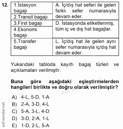 12. soru: 1 .Istasyon A. İç/dış hat seferi ile gelen bagajı farklı sefer numarasıyla 2. Transit bagajı devam eder. 3. First bag…