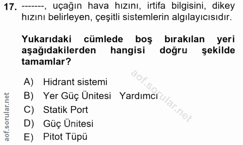 17. soru: -, uçağın hava hızını, irtifa bilgisini, dikey hızını belirleyen, çeşitli sistemlerin algılayıcısıdır. Yukarıdaki cüm…