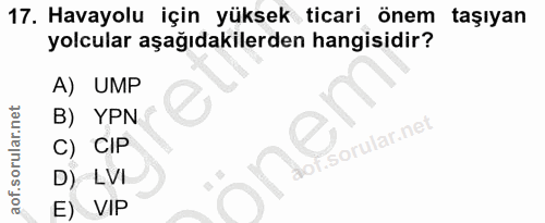 17. soru: Havayolu için yüksek ticari önem taşıyan yolcular aşağıdakilerden hangisidir? A) UMP B) YPN C) CIP D) LVI E) VIP