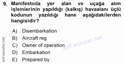 9. soru: Manifestoda yer alan ve uçağa alım işlemlerinin yapıldığı (kalkış) havaalanı üçlü kodunun yazıldığı hane aşağıdakiler…