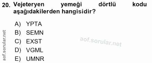 20. soru: Vejeteryen yemeği dörtlü kodu aşağıdakilerden hangisidir? A) YPTA rular.net B) SEMN C) EXST D) VGML aof. E) UMNR