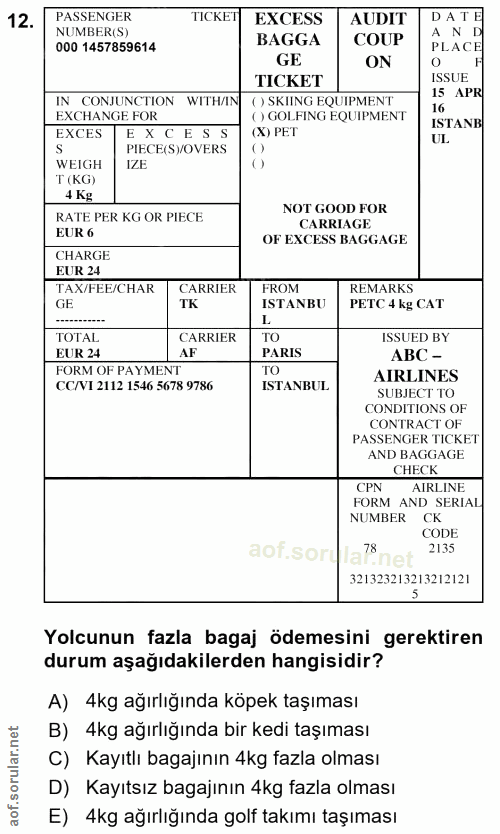 12. soru: PASSENGER TICKET EXCESS AUDIT J A TE NUMBER(S) BAGGA COUP N D 000 1457859614 PLACE GE ON TICKET ISSUE IN CONJUNCTION…