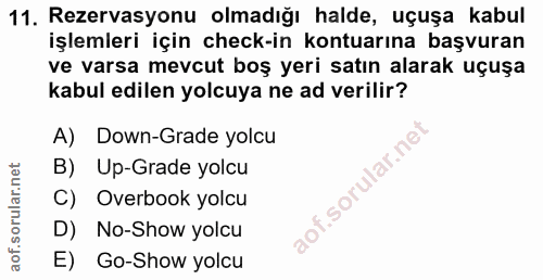 11. soru: Rezervasyonu olmadığı halde, uçuşa kabul işlemleri için check-in kontuarına başvuran ve varsa mevcut boş yeri satın a…