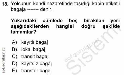 18. soru: Yolcunun kendi nezaretinde taşıdığı kabin etiketli bagaja -- denir. Yukarıdaki cümlede boş bırakılan yeri aşağıdakile…