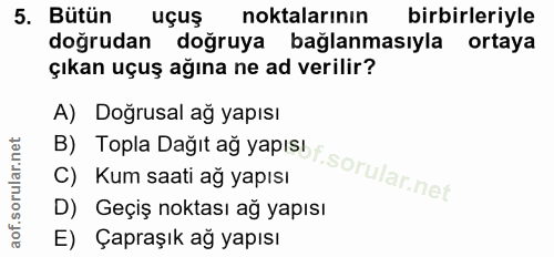 5. soru: Bütün uçuş noktalarının birbirleriyle doğrudan doğruya bağlanmasıyla ortaya çıkan uçuş ağına ne ad verilir? A) Doğrus…