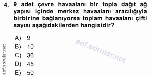 4. soru: 9 adet çevre havaalanı bir topla dağıt ağ yapısı içinde merkez havaalanı aracılığıyla birbirine bağlanıyorsa toplam h…