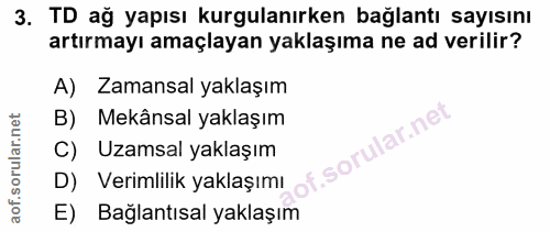 3. soru: TD ağ yapısı kurgulanırken bağlantı sayısını artırmayı amaçlayan yaklaşıma ne ad verilir? A) Zamansal yaklaşım B) Mek…