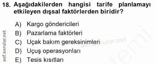 18. soru: Aşağıdakilerden hangisi tarife planlamayı etkileyen dışsal faktörlerden biridir? A) Kargo göndericileri B) Pazarlama…
