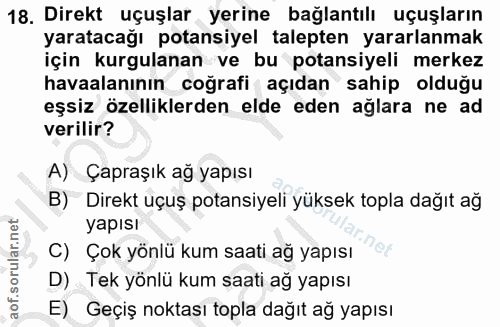 18. soru: Direkt uçuşlar yerine bağlantılı uçuşların yaratacağı potansiyel talepten yararlanmak için kurgulanan ve bu potansiye…