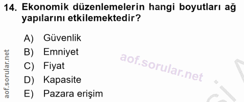 14. soru: Ekonomik düzenlemelerin hangi boyutları ağ yapılarını etkilemektedir? A) Güvenlik B) Emniyet C) Fiyat D) Kapasite E)…