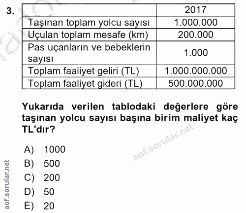 3. soru: 2017 Taşınan toplam yolcu sayısı 1.000.000 Uçulan toplam mesafe (km) 200.000 Pas uçanların ve bebeklerin 1.000 sayısı…
