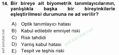14. soru: Bir bireye ait biyometrik tanımlayıcılarının, yanlışlıkla başka bir bireyinkilerle eşleştirilmesi durumuna ne ad veri…