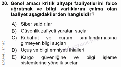 20. soru: Genel amacı kritik altyapı faaliyetlerini felce uğratmak ve bilgi varlıklarını çalma olan faaliyet aşağıdakilerden ha…