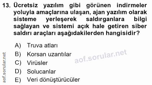 13. soru: Ücretsiz yazılım gibi görünen indirmeler yoluyla amaçlarına ulaşan, ajan yazılım olarak sisteme yerleşerek saldırganl…