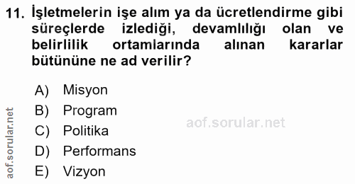 11. soru: İşletmelerin işe alım ya da ücretlendirme gibi süreçlerde izlediği, devamlılığı olan ve belirlilik ortamlarında alına…