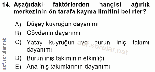 14. soru: Aşağıdaki faktörlerden hangisi ağırlık merkezinin ön tarafa kayma limitini belirler? A) Düşey kuyruğun dayanımı B) Gö…