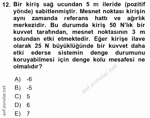 12. soru: Bir kiriş sağ ucundan 5 m ileride (pozitif yönde) sabitlemiştir. Mesnet noktası kirişin aynı zamanda referans hattı v…
