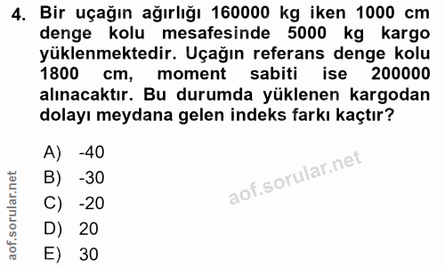 4. soru: Bir uçağın ağırlığı 160000 kg iken 1000 cm denge kolu mesafesinde 5000 kg kargo yüklenmektedir. Uçağın referans denge…