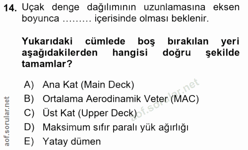 14. soru: Uçak denge dağılımının uzunlamasına eksen boyunca .... ... içerisinde olması beklenir. Yukarıdaki cümlede boş bırakıl…