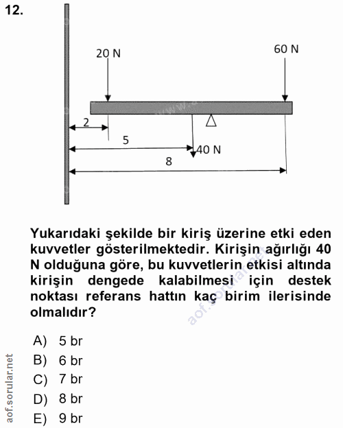 12. soru: 20 N 60 N 2 5 SAO N 8 Yukarıdaki şekilde bir kiriş üzerine etki eden kuvvetler gösterilmektedir. Kirişin ağırlığı 40…
