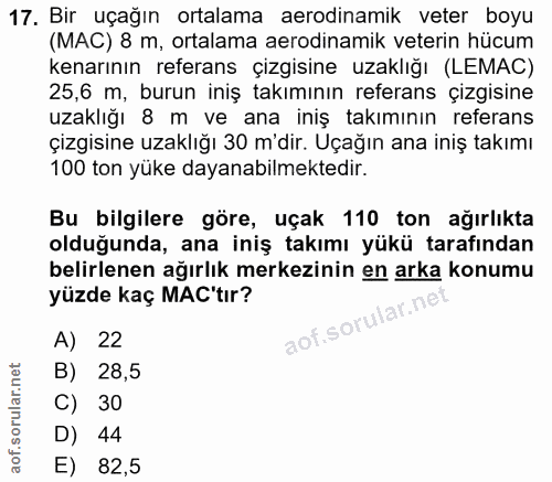 17. soru: Bir uçağın ortalama aerodinamik veter boyu (MAC) 8 m, ortalama aerodinamik veterin hücum kenarının referans çizgisine…