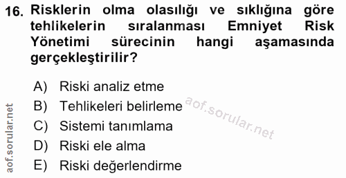 16. soru: Risklerin olma olasılığı ve sıklığına göre tehlikelerin sıralanması Emniyet Risk Yönetimi sürecinin hangi aşamasında…