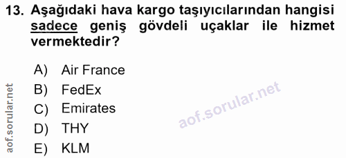 13. soru: Aşağıdaki hava kargo taşıyıcılarından hangisi sadece geniş gövdeli uçaklar ile hizmet vermektedir? A) Air France B) F…
