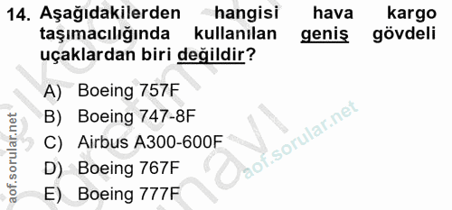 14. soru: Aşağıdakilerden hangisi hava kargo taşımacılığında kullanılan geniş gövdeli uçaklardan biri değildir? A) Boeing 757F…