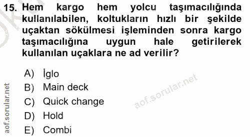 15. soru: Hem kargo hem yolcu taşımacılığında kullanılabilen, koltukların hızlı bir şekilde uçaktan sökülmesi işleminden sonra…