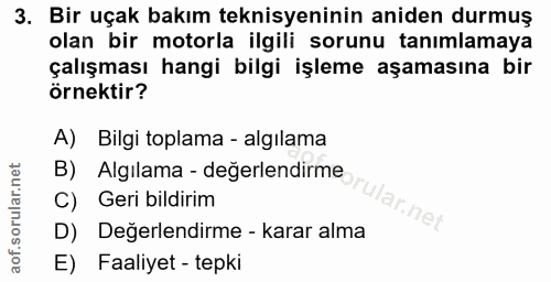 3. soru: Bir uçak bakım teknisyeninin aniden durmuş olan bir motorla ilgili sorunu tanımlamaya çalışması hangi bilgi işleme aş…
