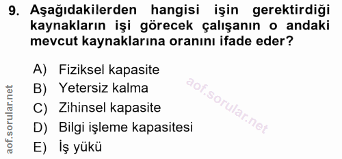 9. soru: Aşağıdakilerden hangisi işin gerektirdiği kaynakların işi görecek çalışanın o andaki mevcut kaynaklarına oranını ifad…