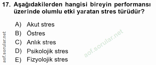 17. soru: Aşağıdakilerden hangisi bireyin performansı üzerinde olumlu etki yaratan stres türüdür? A) Akut stres B) Östres C) An…