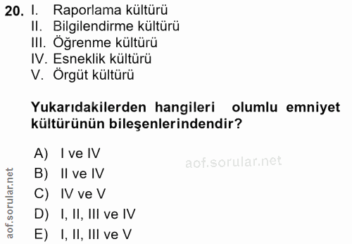 20. soru: 1. Raporlama kültürü II. Bilgilendirme kültürü III. Öğrenme kültürü IV. Esneklik kültürü V. Örgüt kültürü Yukarıdakil…