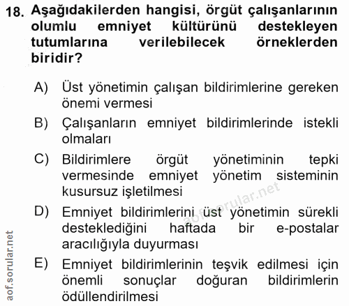 18. soru: Aşağıdakilerden hangisi, örgüt çalışanlarının olumiu emniyet kültürünü destekleyen tutumlarına verilebilecek örnekler…
