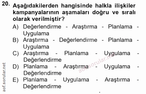 20. soru: Aşağıdakilerden hangisinde halkla ilişkiler kampanyalarının aşamaları doğru ve sıralı olarak verilmiştir? A) Değerlen…