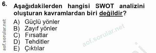 6. soru: Aşağıdakilerden hangisi SWOT analizini oluşturan kavramlardan biri değildir? A) Güçlü yönler B) Zayıf yönler C) Fırsa…