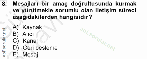 8. soru: Mesajları bir amaç doğrultusunda kurmak ve yürütmekle sorumlu olan iletişim süreci aşağıdakilerden hangisidir? A) Kay…