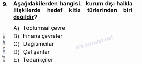 9. soru: Aşağıdakilerden hangisi, kurum dışı halkla ilişkilerde hedef kitle türlerinden biri değildir? A) Toplumsal çevre B) F…