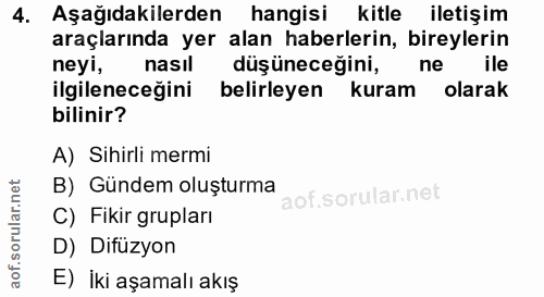 4. soru: Aşağıdakilerden hangisi kitle iletişim araçlarında yer alan haberlerin, bireylerin neyi, nasil düşüneceğini, ne ile i…