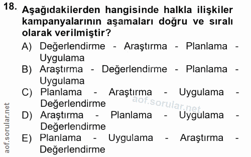 18. soru: Aşağıdakilerden hangisinde halkla ilişkiler kampanyalarının aşamaları doğru ve sıralı olarak verilmiştir? A) Değerlen…