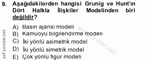 9. soru: Aşağıdakilerden hangisi Grunig ve Hunt'ın Dört Halkla İlişkiler Modelinden biri değildir? A) Basın ajansı modeli B) K…