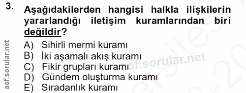 3. soru: Aşağıdakilerden hangisi halkla ilişkilerin yararlandığı iletişim kuramlarından biri değildir? A) Sihirli mermi kuramı…