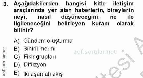 3. soru: Aşağıdakilerden hangisi kitle iletişim araçlarında yer alan haberlerin, bireylerin neyi, nasıl düşüneceğini, ne ile i…