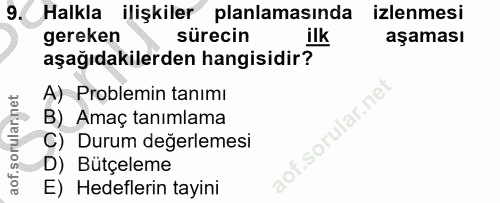 9. soru: Halkla ilişkiler planlamasinda izlenmesi gereken sürecin ilk aşaması aşağıdakilerden hangisidir? A) Problemin tanimı…