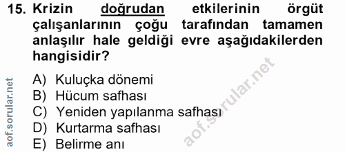 15. soru: Krizin doğrudan etkilerinin örgüt çalışanlarının çoğu tarafından tamamen anlaşılır hale geldiği evre aşağıdakilerden…