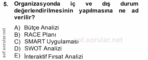 5. soru: Organizasyonda iç ve dış durum değerlendirilmesinin yapılmasına ne ad verilir? A) Bütçe Analizi C) SMART Uygulamaspf.…