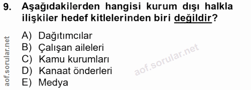 9. soru: Aşağıdakilerden hangisi kurum dışı halkla ilişkiler hedef kitlelerinden biri değildir? A) Dağıtımcılar B) Çalışan ail…